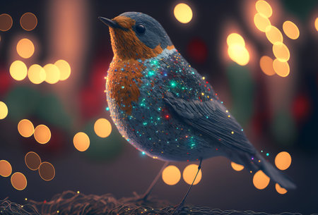 Festive robin bird covered in glowing lights in a winter scene. Generative Ai.の素材