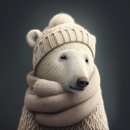 A cute polar bear wrapped up warm in a knitted hat and scarf for winter. Generative aiの素材