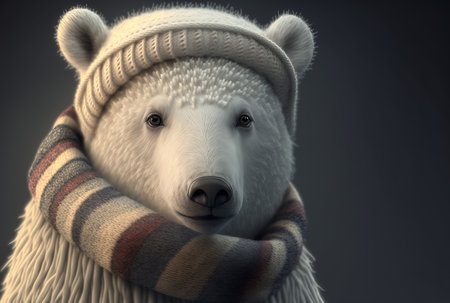 A cute polar bear wrapped up warm in a knitted hat and scarf for winter. Generative aiの素材
