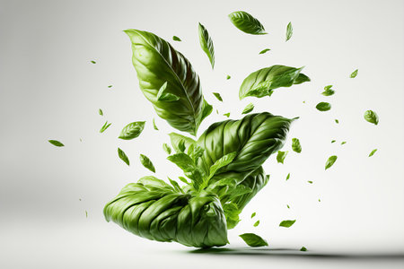 Fresh green basil leaves isolated on white. Generative aiの素材
