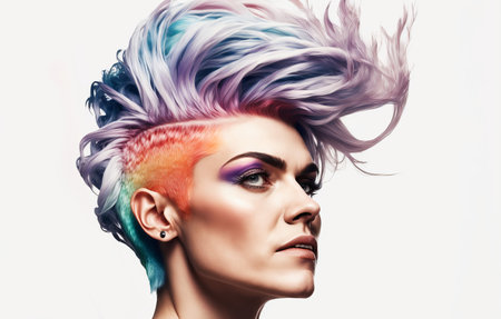Beautiful woman with modern multi coloured hairstyle. model pose with funky hair. Generative aiの素材