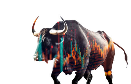 Stock market bull market trading graph. Silhouette of a bull with investment diagram. Generative aiの素材
