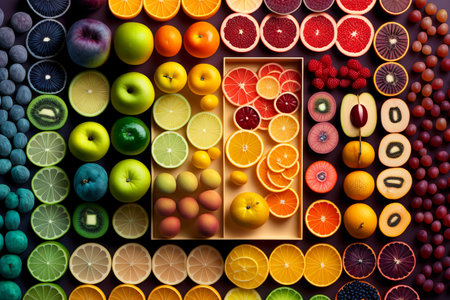 lay flat overhead view of lots of colourful fruits. Generative aiの素材