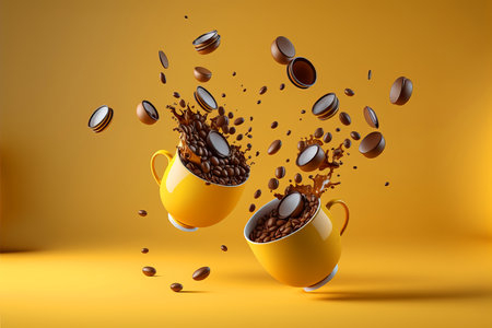 Yellow coffee cups and roasted coffee beans flying on a yellow background. Generative aiの素材