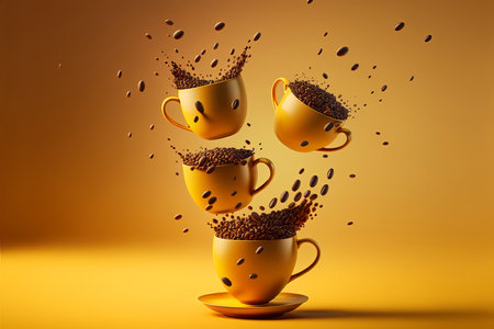 Yellow coffee cups and roasted coffee beans flying on a yellow background. Generative aiの素材