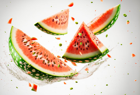 Fresh slices of watermelon flying on a plain background with exploding juice splash. Generative aiの素材