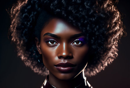 Portrait of a beautiful Black woman. Dark studio lighting. Generative aiの素材
