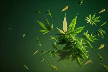 Cannabis marijuana leaves falling on a green background. Generative aiの素材