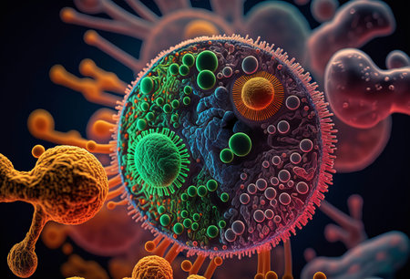Macro close up shot of bacteria and virus cells. Generative ai