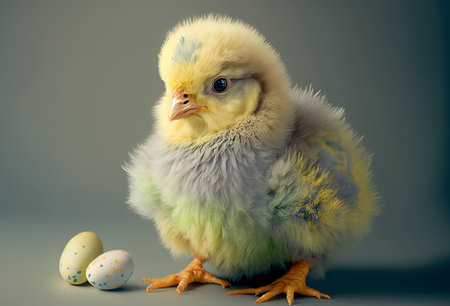 Cute baby chick with easter eggs. Spring and easter background. Generative aiの素材