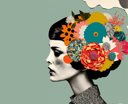 Portrait of a woman with lots of flowers. Abstract trendy art paper collage design. Generative aiの素材