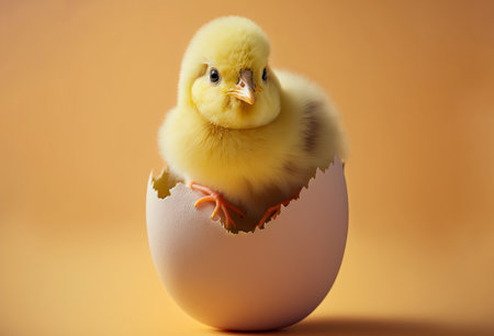 Cute baby chick in an egg shell. Spring and easter background. Generative aiの素材