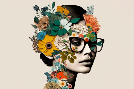 Portrait of a woman with lots of flowers. Abstract trendy art paper collage design. Generative aiの素材