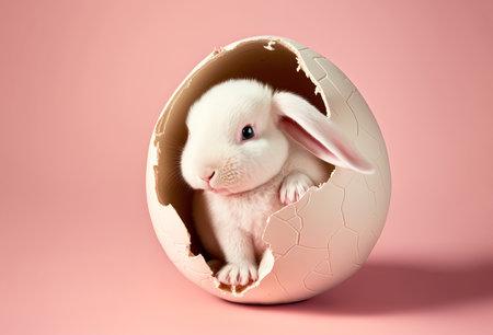 Cute easter bunny rabbit inside a cracked egg. Generative aiの素材