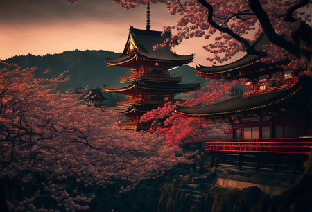Beautiful asian cherry blossom scene. Generative aiの素材