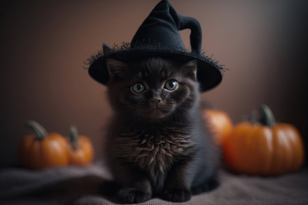A cute halloween witches black cat wearing a witch hat. Generative aiの素材