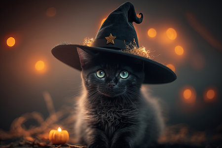A cute halloween witches black cat wearing a witch hat. Generative aiの素材