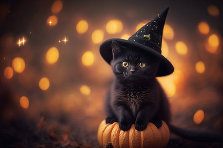 A cute halloween witches black cat wearing a witch hat. Generative aiの素材