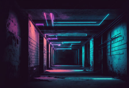 Futuristic sci-fi illuminated grunge neon glowing tunnel. Generative aiの素材