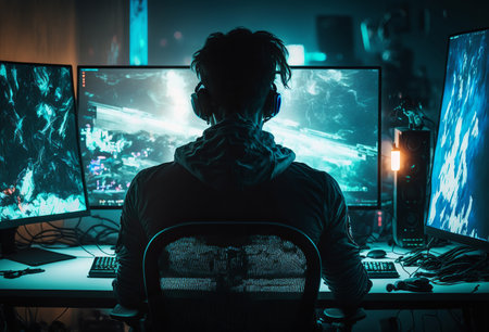 A young gamer sat at a desk playing a video game. Generative aiの素材