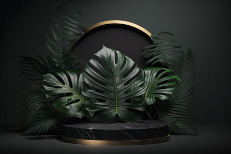 Product display podium for natural product. Empty scene with tropical leaves. Generative aiの写真素材