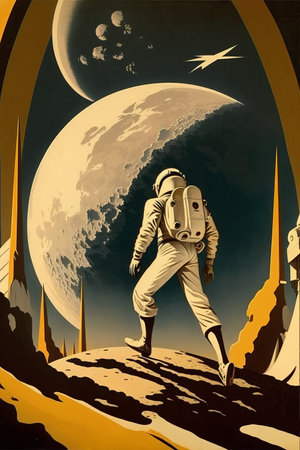 vintage retro style space, science fiction poster. Astronaut in space. Generative aiの素材