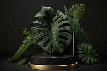 Product display podium for natural product. Empty scene with tropical leaves. Generative aiの写真素材