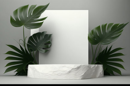 Product display podium for natural product. Empty scene with tropical leaves. Generative aiの写真素材