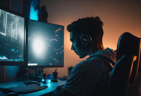A young gamer sat at a desk playing a video game. Generative aiの素材