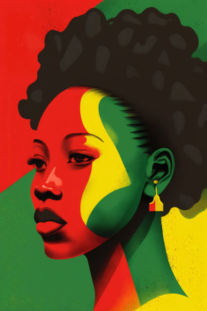 Abstract Black female portrait with Black history month red, green and yellow colors. Generative aiの写真素材