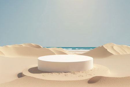 Product display podium on a tropical sand beach with ocean. Generative aiの素材