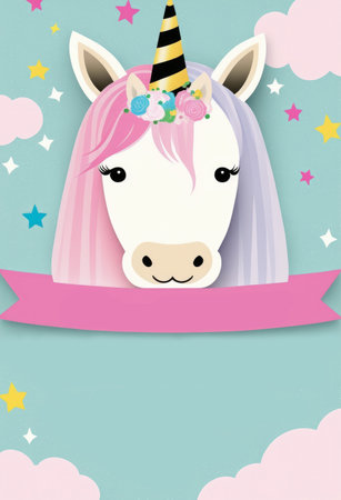 Unicorn theme birthday party invite. Blank template. Generative aiの素材