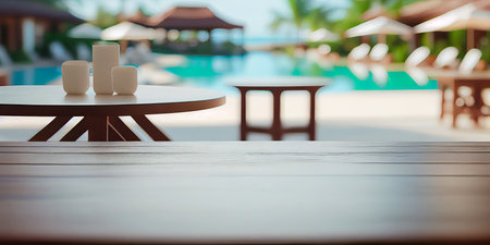 Empty wooden surface with summer travel hotel swimming pool background. Generative aiの素材