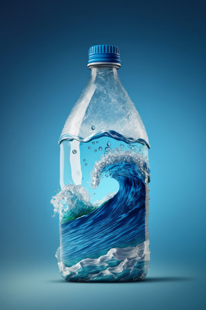 Plastic waste pollution in the ocean. A plastic bottle with sea waves. Generative aiの写真素材