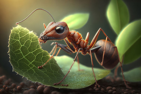 Close up of an ant eating a green leaf. Bugs and insects. Generative aiの素材