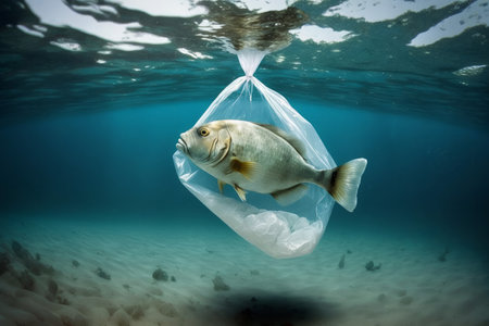 Ocean plastic pollution. A fish with plastic bag in the ocean. Generative aiの素材