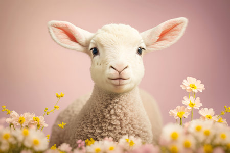 A cute baby spring lamb surrounded by spring flowers. Generative aiの素材