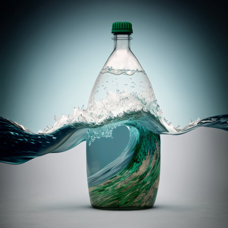Plastic waste pollution in the ocean. A plastic bottle with sea waves. Generative aiの素材