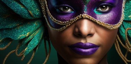 Close up portrait of a black woman wearing a carnival mask. party celebration. Generative aiの素材