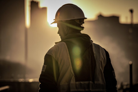 Portrait of a construction worker wearing hart hat backlit with sunset. Generative aiの素材