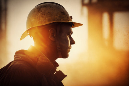 Portrait of a construction worker wearing hart hat backlit with sunset. Generative aiの素材
