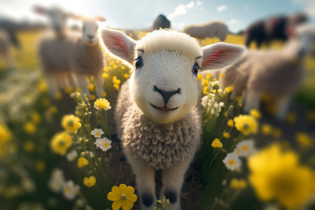 A cute baby spring lamb in a field of spring flowers. Generative aiの素材