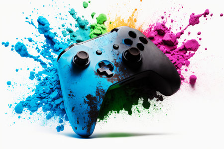 computer video game controller with exploding colourful paint. Generative aiの素材