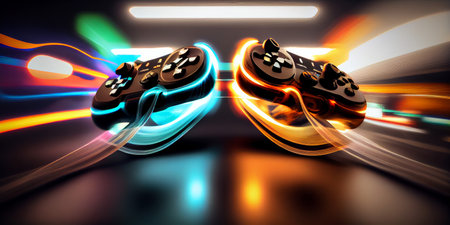 Video game controller with bright neon light streaks. Computer gamer background. Generative aiの素材