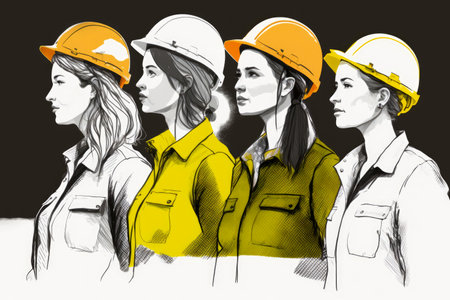 A group of diverse female construction workers, sketch style illustration. Generative aiの素材