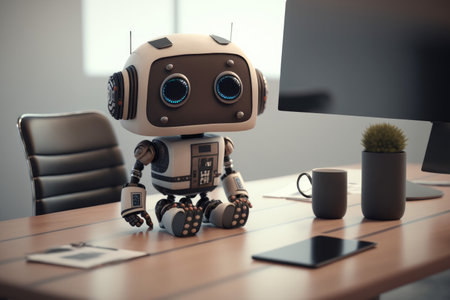 A friendly robot working in a modern office at a desk. Ai artificial intelligence technology at work. Generative aiの素材