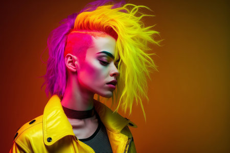Portrait of a trendy young woman with bright clothing and bright neon lighting. Generative aiの素材