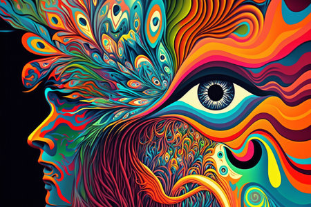 Psychedelic design with a persons face. Generative aiの素材