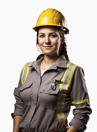 Portrait of a female construction worker wearing hard hat, studio shot, white background. Generative...
