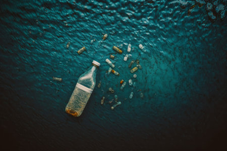 Plastic waste pollution in the ocean. A plastic bottle floating in the ocean. Generative aiの素材